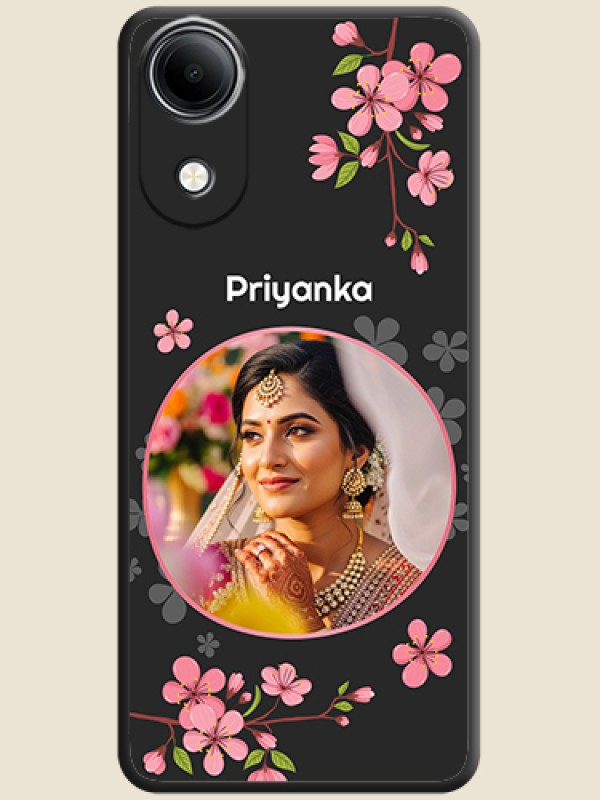Round Image with Pink Color Floral Design on Photo On Space Black Custom Soft Matte Mobile Back Cover - Vivo T5e 4G