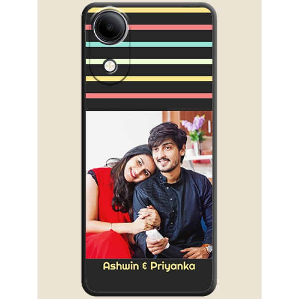 Color Stripes with Photo and Text on Photo On Space Black Custom Soft Matte Mobile Back Cover - Vivo T5e 4G Color Stripes with Photo and Text on Photo On Space Black Custom Soft Matte Mobile Back Cover - Vivo T5e 4G