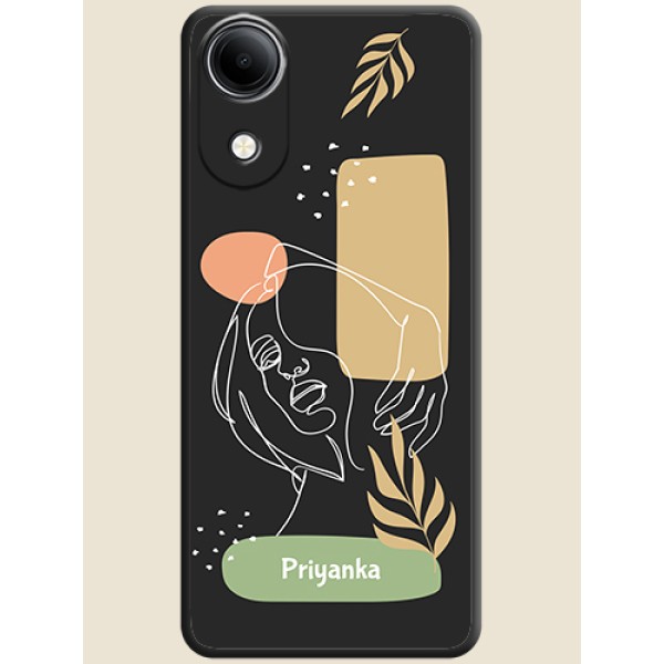 Custom Text With Line Art Of Women & Leaves Design On Space Black Custom Soft Matte Mobile Back Cover - Vivo T5e 4G Custom Text With Line Art Of Women & Leaves Design On Space Black Custom Soft Matte Mobile Back Cover - Vivo T5e 4G