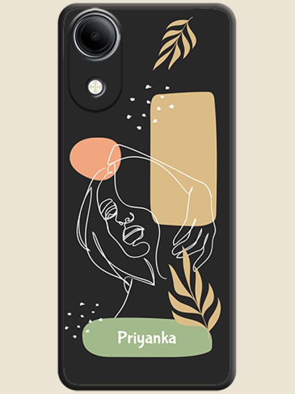 Custom Text With Line Art Of Women & Leaves Design On Space Black Custom Soft Matte Mobile Back Cover - Vivo T5e 4G