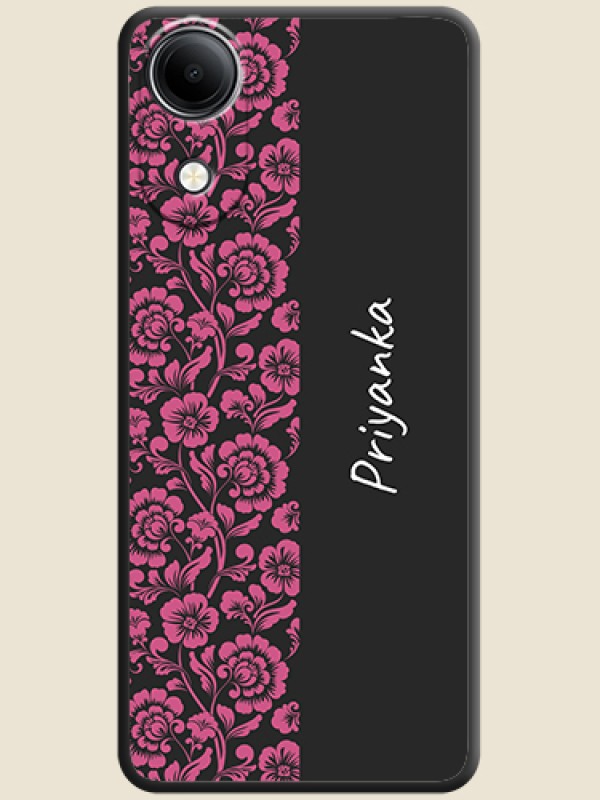 Pink Floral Pattern Design With Custom Text On Space Black Custom Soft Matte Mobile Back Cover - Vivo T5e 4G