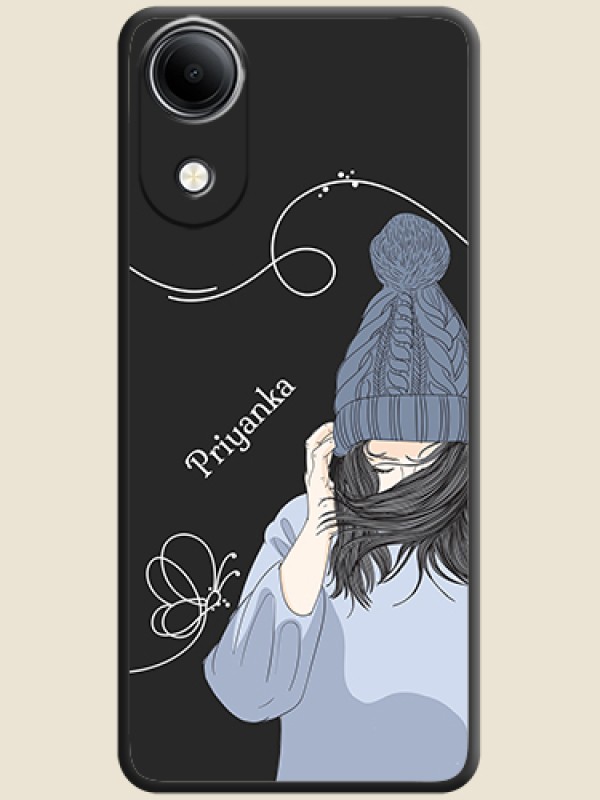 Girl With Blue Winter Outfiit Custom Text Design On Space Black Custom Soft Matte Mobile Back Cover - Vivo T5e 4G