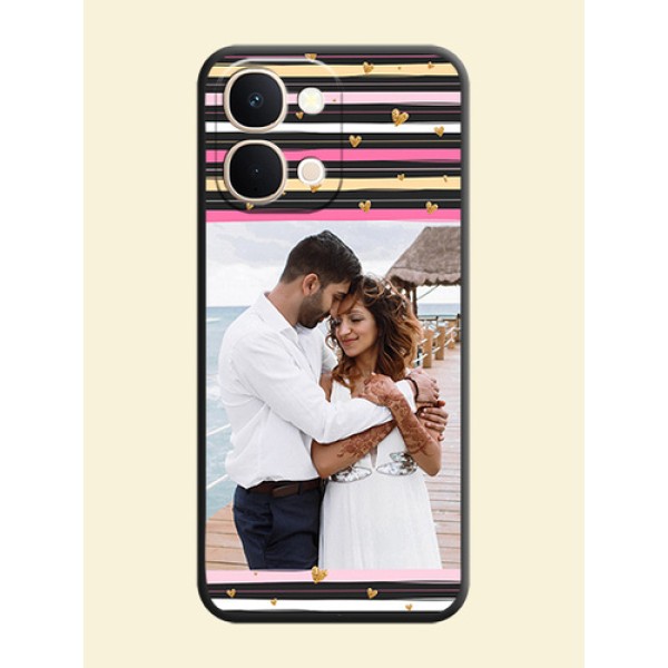 Multicolor Lines and Golden Love Symbols Design on Photo On Space Black Custom Soft Matte Mobile Back Cover - Vivo T5X 5G