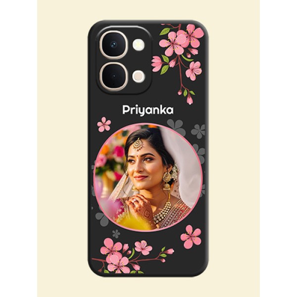 Round Image with Pink Color Floral Design on Photo On Space Black Custom Soft Matte Mobile Back Cover - Vivo T5X 5G Round Image with Pink Color Floral Design on Photo On Space Black Custom Soft Matte Mobile Back Cover - Vivo T5X 5G