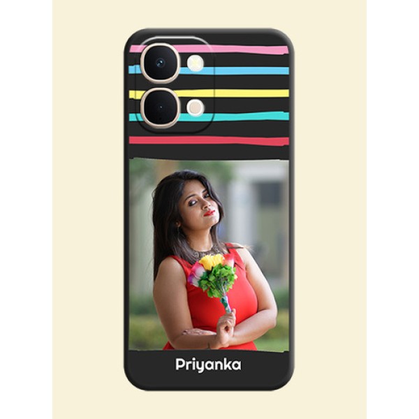 Multicolor Lines with Image On Space Black Custom Soft Matte Mobile Back Cover - Vivo T5X 5G Multicolor Lines with Image On Space Black Custom Soft Matte Mobile Back Cover - Vivo T5X 5G