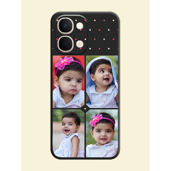 Multicolor Dotted Pattern with 4 Image Holder On Space Black Custom Soft Matte Mobile Back Cover - Vivo T5X 5G Multicolor Dotted Pattern with 4 Image Holder On Space Black Custom Soft Matte Mobile Back Cover - Vivo T5X 5G