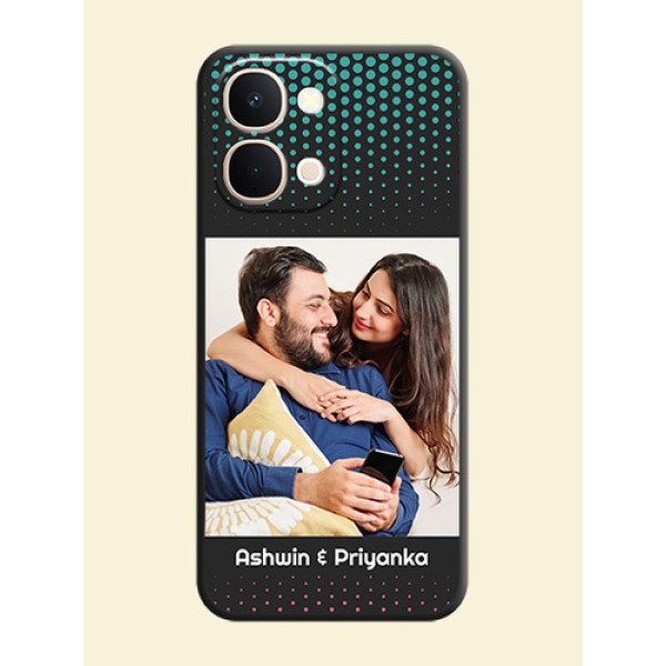Faded Dots with Grunge Photo Frame and Text On Space Black Custom Soft Matte Mobile Back Cover - Vivo T5X 5G Faded Dots with Grunge Photo Frame and Text On Space Black Custom Soft Matte Mobile Back Cover - Vivo T5X 5G