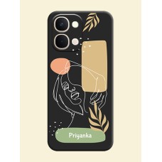 Custom Text With Line Art Of Women & Leaves Design On Space Black Custom Soft Matte Mobile Back Cover - Vivo T5X 5G