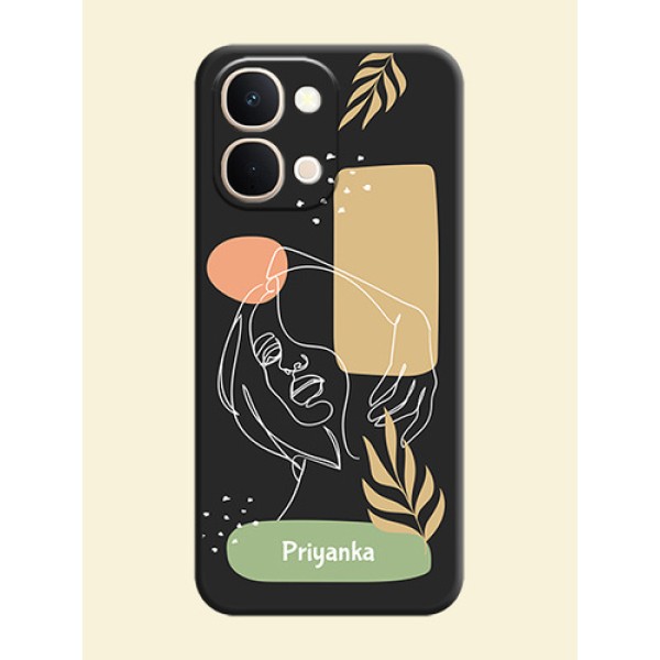 Custom Text With Line Art Of Women & Leaves Design On Space Black Custom Soft Matte Mobile Back Cover - Vivo T5X 5G Custom Text With Line Art Of Women & Leaves Design On Space Black Custom Soft Matte Mobile Back Cover - Vivo T5X 5G