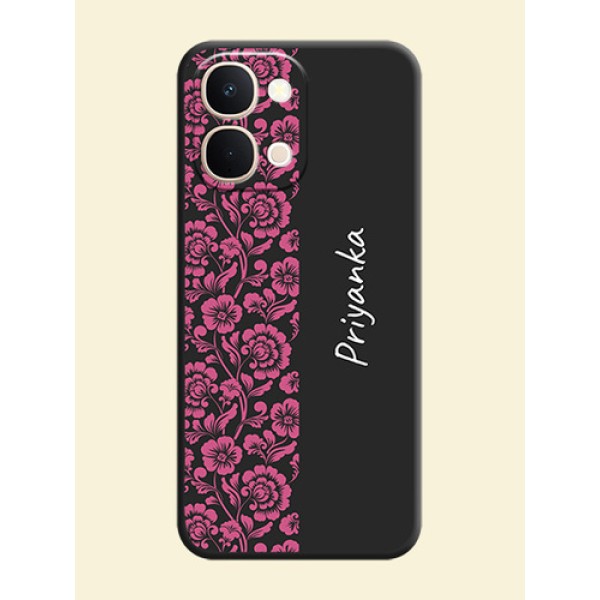 Pink Floral Pattern Design With Custom Text On Space Black Custom Soft Matte Mobile Back Cover - Vivo T5X 5G Pink Floral Pattern Design With Custom Text On Space Black Custom Soft Matte Mobile Back Cover - Vivo T5X 5G