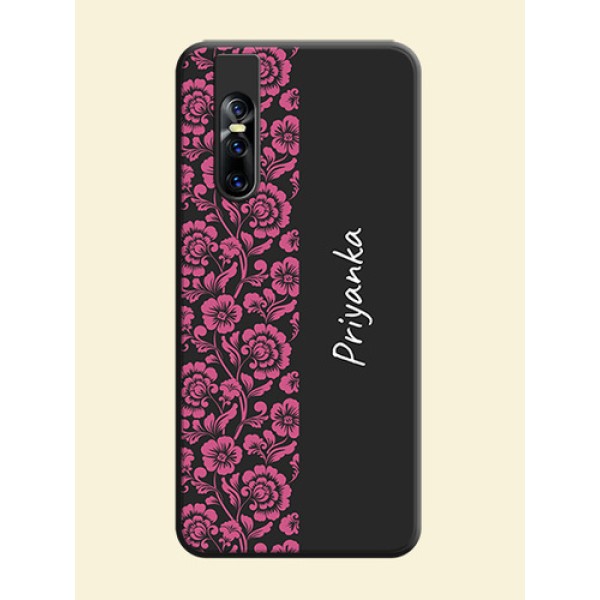 Pink Floral Pattern Design With Custom Text On Space Black Personalized Soft Matte Phone Covers -Vivo V15 Pro Pink Floral Pattern Design With Custom Text On Space Black Personalized Soft Matte Phone Covers -Vivo V15 Pro