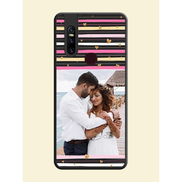 Multicolor Lines and Golden Love Symbols Design on Photo on Space Black Soft Matte Mobile Cover - Vivo V15 Multicolor Lines and Golden Love Symbols Design on Photo on Space Black Soft Matte Mobile Cover - Vivo V15