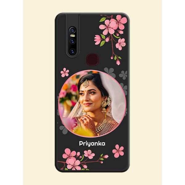 Round Image with Pink Color Floral Design on Photo on Space Black Soft Matte Back Cover - Vivo V15