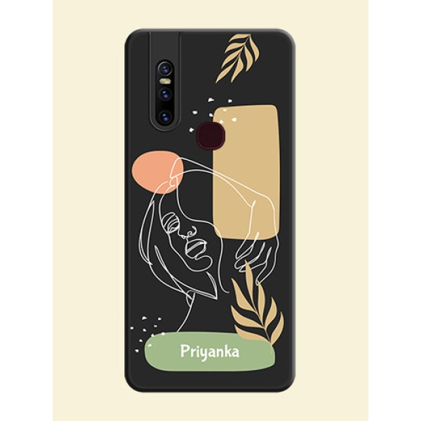 Custom Text With Line Art Of Women & Leaves Design On Space Black Personalized Soft Matte Phone Covers -Vivo V15