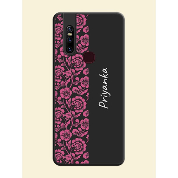 Pink Floral Pattern Design With Custom Text On Space Black Personalized Soft Matte Phone Covers -Vivo V15 Pink Floral Pattern Design With Custom Text On Space Black Personalized Soft Matte Phone Covers -Vivo V15
