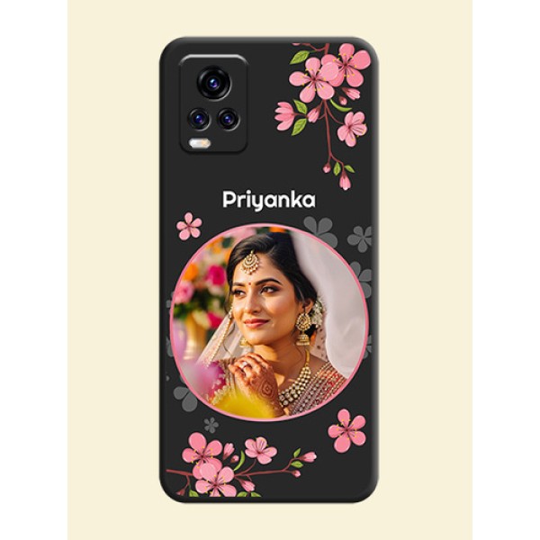 Round Image with Pink Color Floral Design on Photo on Space Black Soft Matte Back Cover - Vivo V20 Pro 5G