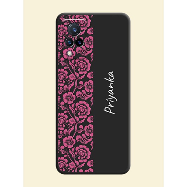 Pink Floral Pattern Design With Custom Text On Space Black Personalized Soft Matte Phone Covers -Vivo V21 5G Pink Floral Pattern Design With Custom Text On Space Black Personalized Soft Matte Phone Covers -Vivo V21 5G