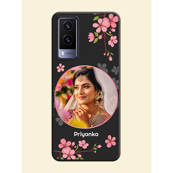 Round Image with Pink Color Floral Design on Photo on Space Black Soft Matte Back Cover - Vivo V21E 5G