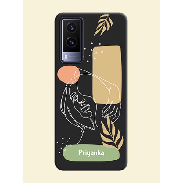 Custom Text With Line Art Of Women & Leaves Design On Space Black Personalized Soft Matte Phone Covers -Vivo V21E 5G