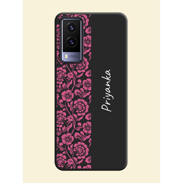 Pink Floral Pattern Design With Custom Text On Space Black Personalized Soft Matte Phone Covers -Vivo V21E 5G Pink Floral Pattern Design With Custom Text On Space Black Personalized Soft Matte Phone Covers -Vivo V21E 5G