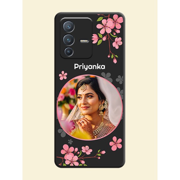 Round Image with Pink Color Floral Design on Photo on Space Black Soft Matte Back Cover - Vivo V23 Pro 5G
