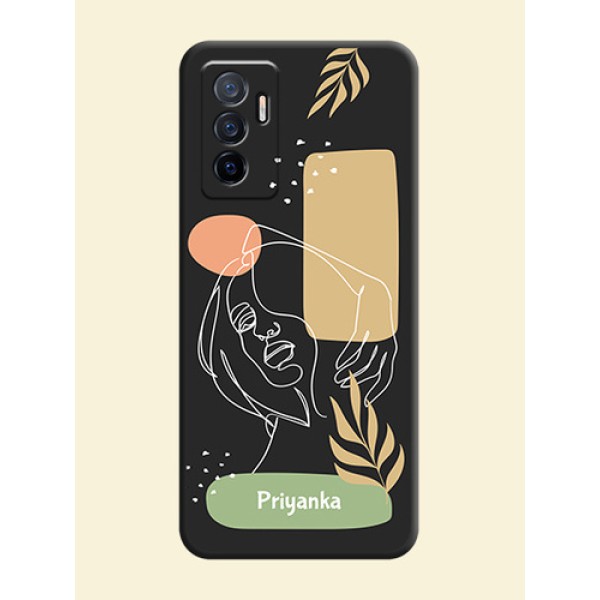 Custom Text With Line Art Of Women & Leaves Design On Space Black Personalized Soft Matte Phone Covers -Vivo V23E 5G