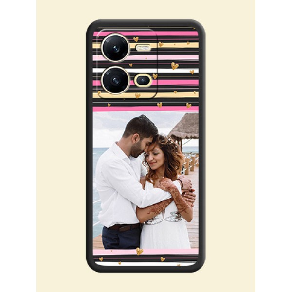 Multicolor Lines and Golden Love Symbols Design on Photo on Space Black Soft Matte Mobile Cover - Vivo V25 5G Multicolor Lines and Golden Love Symbols Design on Photo on Space Black Soft Matte Mobile Cover - Vivo V25 5G