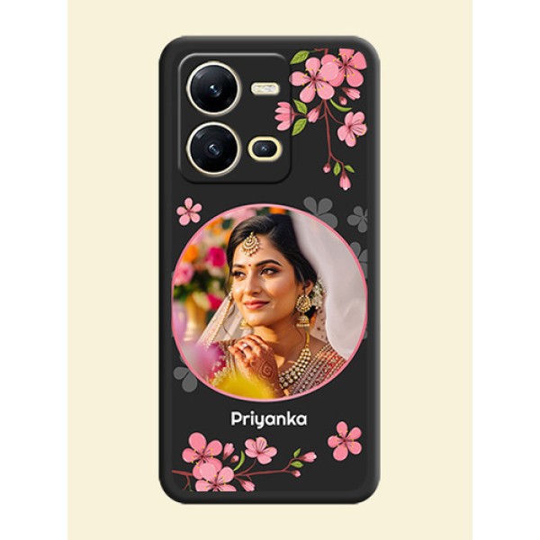 Round Image with Pink Color Floral Design on Photo on Space Black Soft Matte Back Cover - Vivo V25 5G