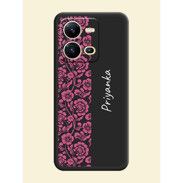 Pink Floral Pattern Design With Custom Text On Space Black Personalized Soft Matte Phone Covers -Vivo V25 5G Pink Floral Pattern Design With Custom Text On Space Black Personalized Soft Matte Phone Covers -Vivo V25 5G