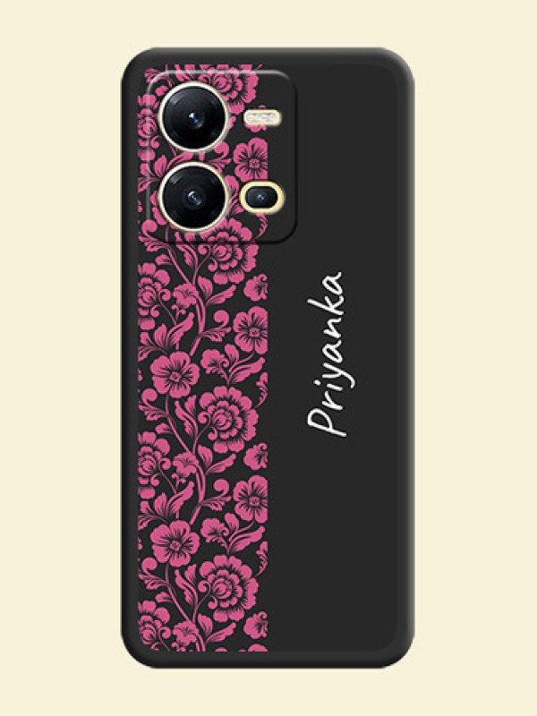 Pink Floral Pattern Design With Custom Text On Space Black Personalized Soft Matte Phone Covers -Vivo V25 5G