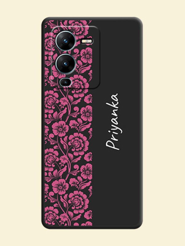 Pink Floral Pattern Design With Custom Text On Space Black Personalized Soft Matte Phone Covers -Vivo V25 Pro 5G