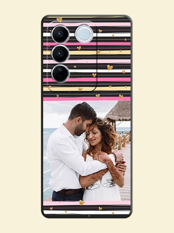 Multicolor Lines and Golden Love Symbols Design on Photo on Space Black Soft Matte Mobile Cover - Vivo V27 Pro