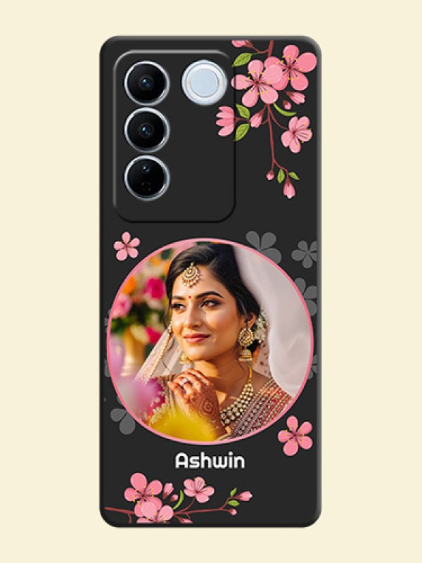 Round Image with Pink Color Floral Design on Photo on Space Black Soft Matte Back Cover - Vivo V27 Pro