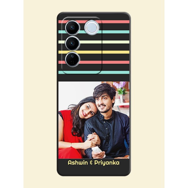 Color Stripes with Photo and Text on Photo on Space Black Soft Matte Mobile Case - Vivo V27 Pro Color Stripes with Photo and Text on Photo on Space Black Soft Matte Mobile Case - Vivo V27 Pro