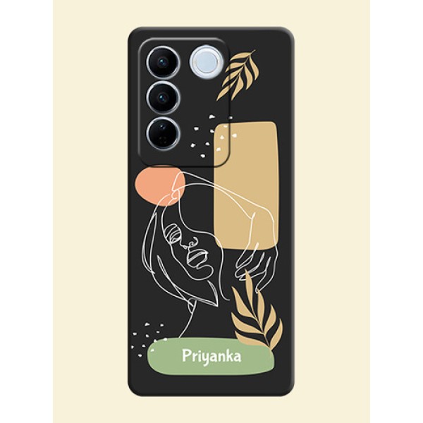 Custom Text With Line Art Of Women & Leaves Design On Space Black Personalized Soft Matte Phone Covers -Vivo V27 Pro