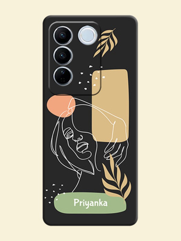 Custom Text With Line Art Of Women & Leaves Design On Space Black Personalized Soft Matte Phone Covers -Vivo V27 Pro