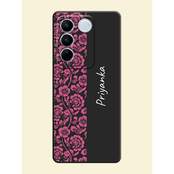 Pink Floral Pattern Design With Custom Text On Space Black Personalized Soft Matte Phone Covers -Vivo V27 Pro Pink Floral Pattern Design With Custom Text On Space Black Personalized Soft Matte Phone Covers -Vivo V27 Pro