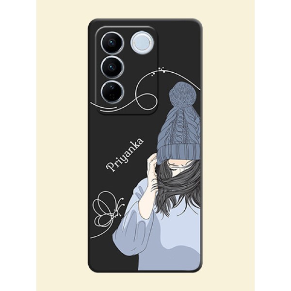 Girl With Blue Winter Outfiit Custom Text Design On Space Black Personalized Soft Matte Phone Covers -Vivo V27 Pro Girl With Blue Winter Outfiit Custom Text Design On Space Black Personalized Soft Matte Phone Covers -Vivo V27 Pro