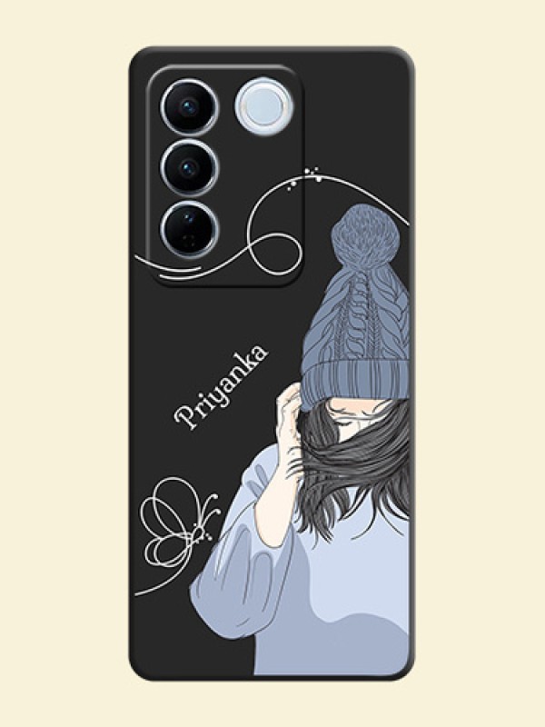 Girl With Blue Winter Outfiit Custom Text Design On Space Black Personalized Soft Matte Phone Covers -Vivo V27 Pro