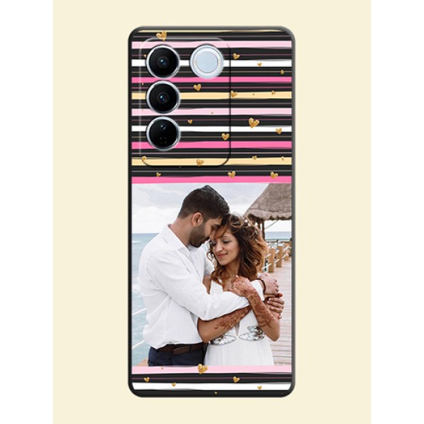 Multicolor Lines and Golden Love Symbols Design on Photo on Space Black Soft Matte Mobile Cover - Vivo V27 Multicolor Lines and Golden Love Symbols Design on Photo on Space Black Soft Matte Mobile Cover - Vivo V27