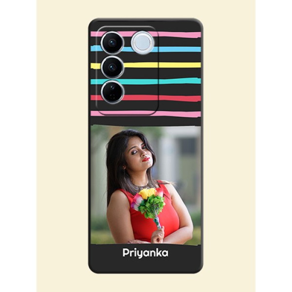 Multicolor Lines with Image on Space Black Personalized Soft Matte Phone Covers - Vivo V27 Multicolor Lines with Image on Space Black Personalized Soft Matte Phone Covers - Vivo V27