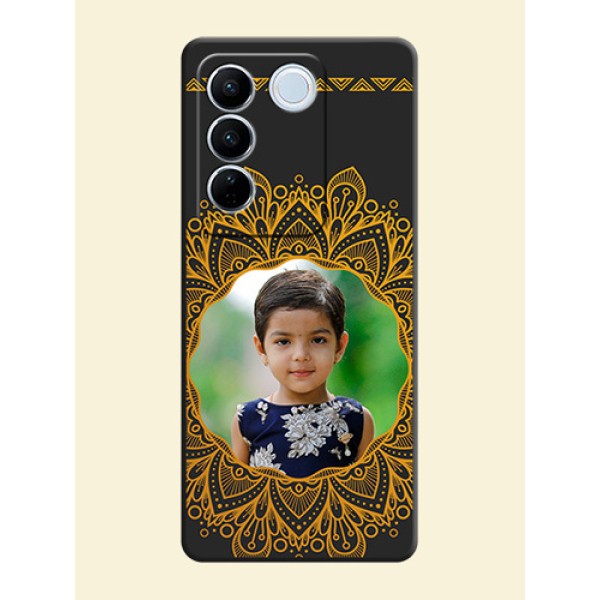 Round Image with Floral Design on Photo on Space Black Soft Matte Mobile Cover - Vivo V27 Round Image with Floral Design on Photo on Space Black Soft Matte Mobile Cover - Vivo V27