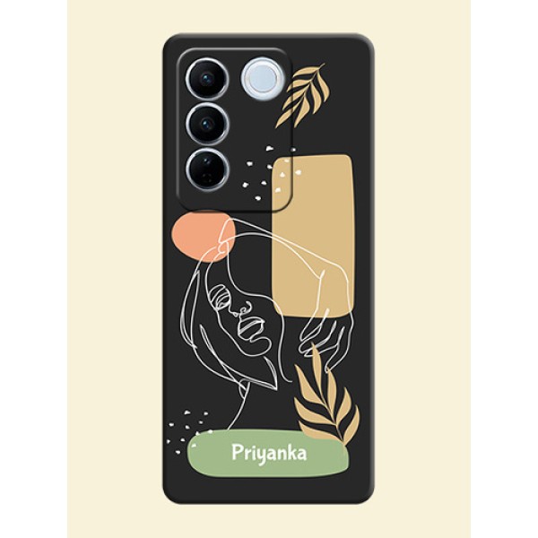 Custom Text With Line Art Of Women & Leaves Design On Space Black Personalized Soft Matte Phone Covers -Vivo V27