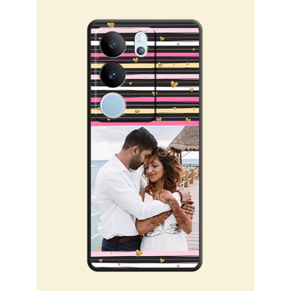 Multicolor Lines and Golden Love Symbols Design on Photo On Space Black Custom Soft Matte Mobile Back Cover - Vivo V29 5G