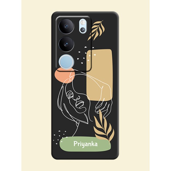 Custom Text With Line Art Of Women & Leaves Design On Space Black Custom Soft Matte Mobile Back Cover - Vivo V29 5G Custom Text With Line Art Of Women & Leaves Design On Space Black Custom Soft Matte Mobile Back Cover - Vivo V29 5G