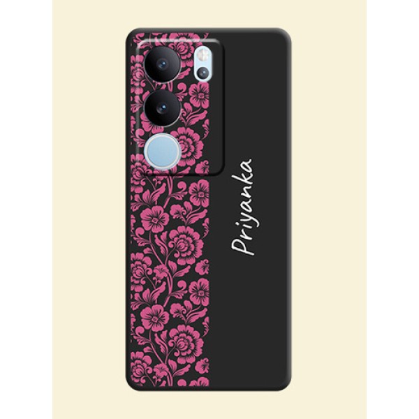 Pink Floral Pattern Design With Custom Text On Space Black Custom Soft Matte Mobile Back Cover - Vivo V29 5G Pink Floral Pattern Design With Custom Text On Space Black Custom Soft Matte Mobile Back Cover - Vivo V29 5G