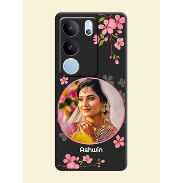 Round Image with Pink Color Floral Design on Photo On Space Black Custom Soft Matte Mobile Back Cover - Vivo V29 Pro 5G Round Image with Pink Color Floral Design on Photo On Space Black Custom Soft Matte Mobile Back Cover - Vivo V29 Pro 5G