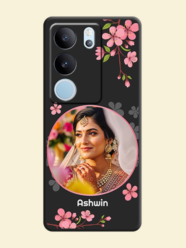 Round Image with Pink Color Floral Design on Photo On Space Black Custom Soft Matte Mobile Back Cover - Vivo V29 Pro 5G