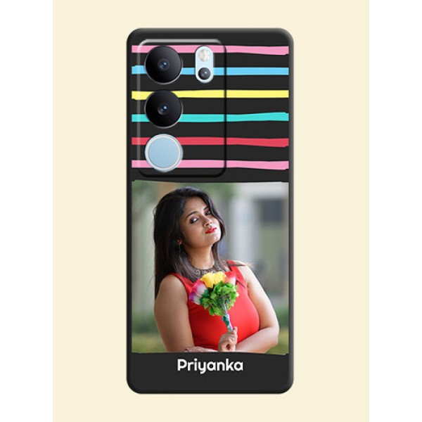 Multicolor Lines with Image On Space Black Custom Soft Matte Mobile Back Cover - Vivo V29 Pro 5G Multicolor Lines with Image On Space Black Custom Soft Matte Mobile Back Cover - Vivo V29 Pro 5G