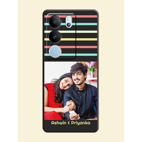 Color Stripes with Photo and Text on Photo On Space Black Custom Soft Matte Mobile Back Cover - Vivo V29 Pro 5G Color Stripes with Photo and Text on Photo On Space Black Custom Soft Matte Mobile Back Cover - Vivo V29 Pro 5G